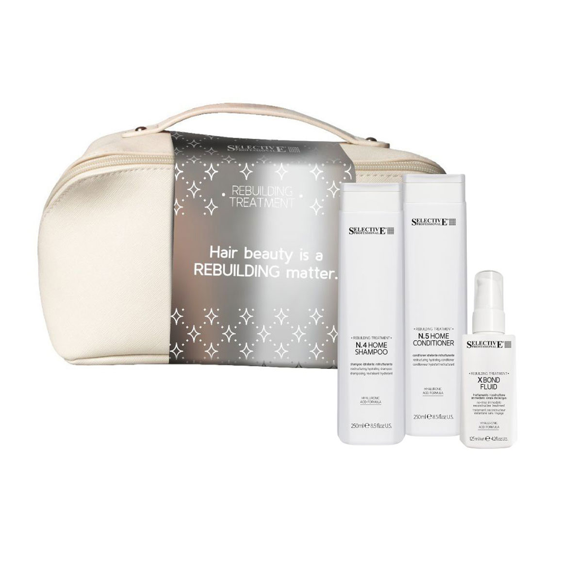 Подарунковий набір для волосся Selective Professional Rebuilding Xmas Pack (шампунь, 250 мл + кондиціонер, 250 мл + флюїд, 125 мл + косметичка, 1 шт)